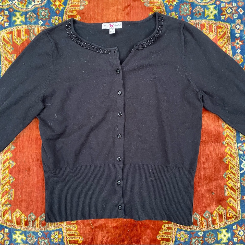 Pink Poodle Black Jewel Long Sleeve Cotton Winter Scoop Cardigan Women Large L